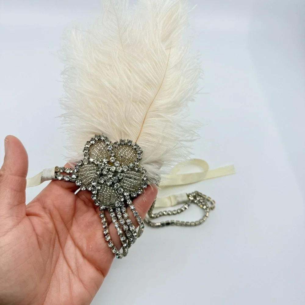 Y2K Gatsby Flapper Feather Headpiece Rhinestone Bridal Statement Headband 1920s